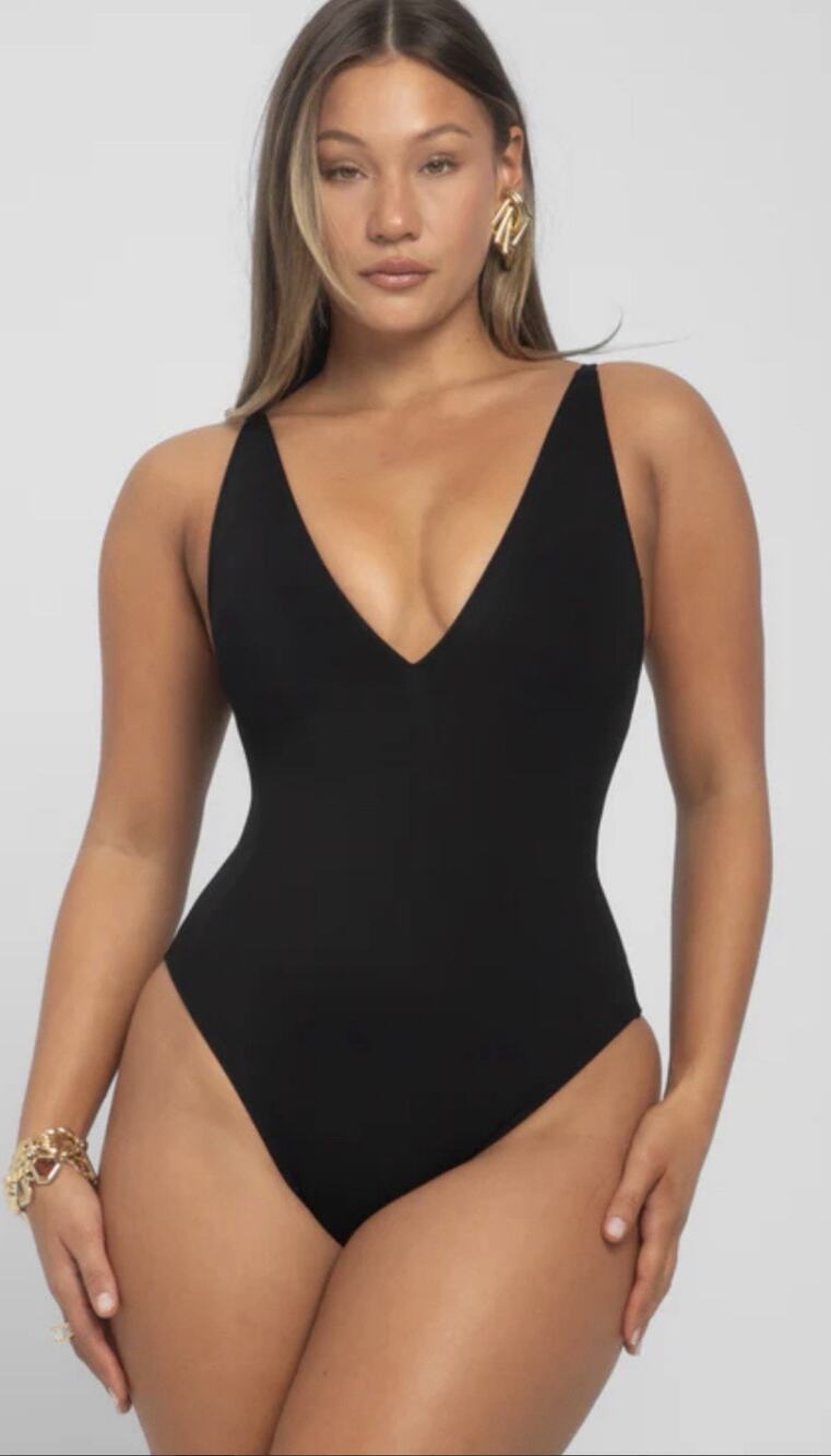 TA3 Hi Cut Plungey One Piece Snatched Waist Corset Back Swimsuit Black XL XLONG